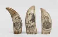Three decorative faux Scrimshaw whale teeth displaying early maritime scenes, largest 15.5cm high