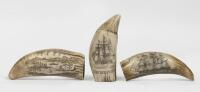 Three decorative faux Scrimshaw whale teeth displaying early maritime scenes, largest 15.5cm high - 2