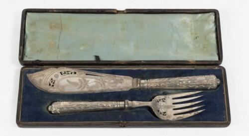 A pair of antique silver plate fish serving knife and fork, in fitted box, knife measuring 31cm long