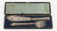 A pair of antique silver plate fish serving knife and fork, in fitted box, knife measuring 31cm long