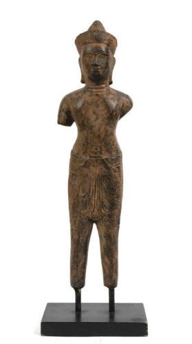 A Khmer style painted metal figure on ebonised base, 47cm high overall