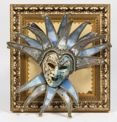 A Venetian life size hand painted&nbsp;plaster&nbsp;Jester mask&nbsp;with bells, inset within Italia Cornici frame