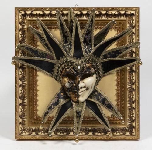 A Venetian life size hand painted&nbsp;plaster Jester mask, inset within Italia Cornici frame, made in Italy, within tailor made cardboard box