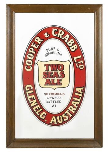 A rare circa 1934 'Cooper & Crabb Ltd Glenelg Australia' Two Seas Ale reverse painted glass bar mirror, gold leaf lettering and shield, heavy, glass 95cm high, 60cm wide, framed