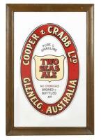 A rare circa 1934 'Cooper & Crabb Ltd Glenelg Australia' Two Seas Ale reverse painted glass bar mirror, gold leaf lettering and shield, heavy, glass 95cm high, 60cm wide, framed