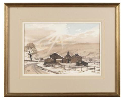 An original watercolour by Terry Logan of the winter farm scene, with gallery label on verso of Logan Gallery, Skipton North Yorkshire UK, mounted, framed and glazed, 23cm high, 34.5cm wide