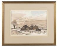 An original watercolour by Terry Logan of the winter farm scene, with gallery label on verso of Logan Gallery, Skipton North Yorkshire UK, mounted, framed and glazed, 23cm high, 34.5cm wide