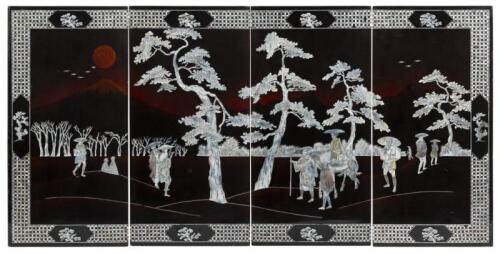 An attractive&nbsp;4-panel mother of pearl inland timber panelled panoramic screen of oriental&nbsp;travellers,&nbsp;80cm high, 158cm wide