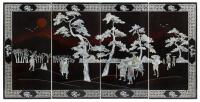 An attractive&nbsp;4-panel mother of pearl inland timber panelled panoramic screen of oriental&nbsp;travellers,&nbsp;80cm high, 158cm wide