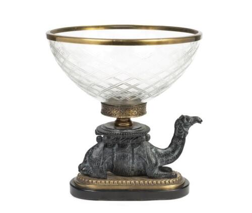 A brass and cast bronze camel-form cut glass crystal bowl-centrepiece, 32.5cm high