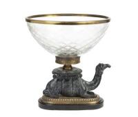 A brass and cast bronze camel-form cut glass crystal bowl-centrepiece, 32.5cm high
