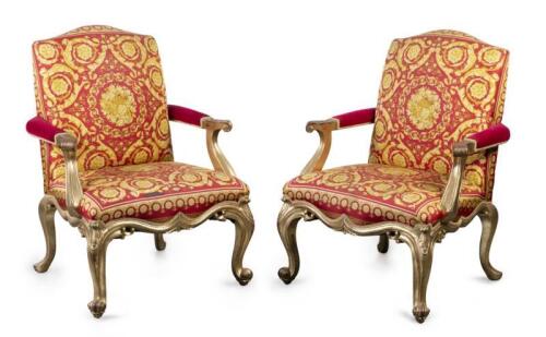 A pair of Gianni Versace carved giltwood, painted and upholstered open armchairs, personal gift Elizabeth Taylor to Dr. Klein, 100cm high
