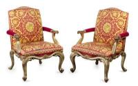 A pair of Gianni Versace carved giltwood, painted and upholstered open armchairs, personal gift Elizabeth Taylor to Dr. Klein, 100cm high