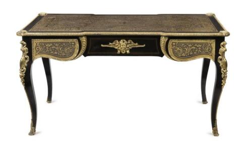 A late 19th century French gilt-bronze mounted brass-inlaid and ebonised 'Boulle' marquetry bureau plat,75cm high, 142.5 wide, 80cm deep