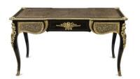 A late 19th century French gilt-bronze mounted brass-inlaid and ebonised 'Boulle' marquetry bureau plat,75cm high, 142.5 wide, 80cm deep