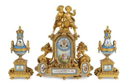 A 19th century French Sevres pattern porcelain and gilt-bronze clock garniture, 48cm high