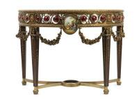 A Louis XVI style bronze and porcelain mounted demilune console,&nbsp;90cm high,119cm wide, 60cm deep