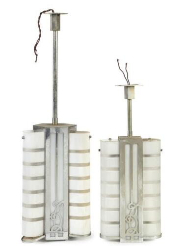A pair of&nbsp;Art Deco chrome and opaque white glass ceiling light, french circa 1930, 91cm high