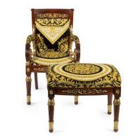 A Versace&nbsp;style chair and foot stool with &lsquo;Barocco Circle&rsquo; print upholstery in black and gold, 90cm high - 2