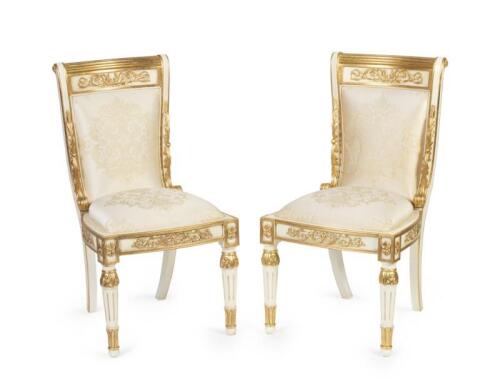 A pair of gilded neoclassical side chairs,beechwood hand carved structure with gold leaf ornament, 90cm high, 49cm wide