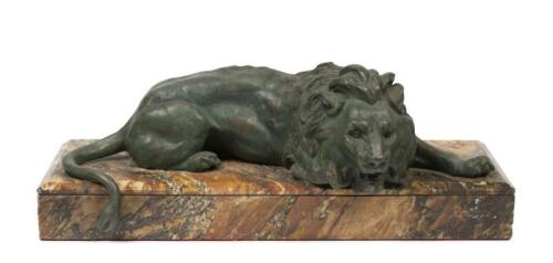 A bronze figure of a lion on marble base,&nbsp;after Ernest Justin Ferrand, French (1846-1932), 17.5cm high
