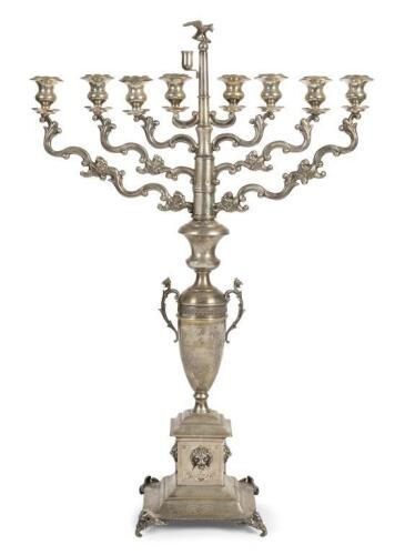 A large and impressive Austro Hungarian Silver hanukkan Menorah lamp, circa 1886-90, marked 800 fineness,&nbsp;77.5cm high