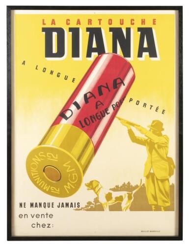 A large 'Diana' gun cartridge poster comes in a large frame, 164cm high, 123.5cm wide&nbsp; Diana, Cartouches &agrave;&nbsp;longue&nbsp;port&eacute;e, ne manque jamais. Translated,&nbsp;Diana, Long Range Cartridges, Never Misses Artist&nbsp;Moullot Marseille