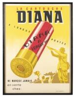 A large 'Diana' gun cartridge poster comes in a large frame, 164cm high, 123.5cm wide&nbsp; Diana, Cartouches &agrave;&nbsp;longue&nbsp;port&eacute;e, ne manque jamais. Translated,&nbsp;Diana, Long Range Cartridges, Never Misses Artist&nbsp;Moullot Marseille