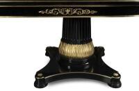 A Versace&nbsp;style Vanitas Dining Table,&nbsp;beech wood with black finish and gilt accents, oval top above two carved pedestals with concave bases, 380cm long - 4