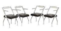 A set of four aluminium mid-century style heavy armchairs with leather cushions with white stitching, 85.5cm high [SALEROOM NOTICE]