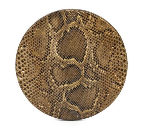 A large Anaconda skinned tribal drum, the reverse with marquetry inlay, 42.5cm diameter