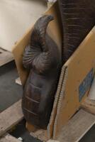 A large and impressive&nbsp;wall mounted timber elephant head with faux&nbsp;tusks and swan neck position trunk, with detailed carvings, currently within timber traveling crate&nbsp;153.5&nbsp;high, 155&nbsp;wide - 6