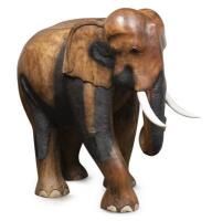A medium/large solid teak&nbsp;elephant with painted&nbsp;timber&nbsp;tusks,&nbsp;106cm high, 87cm long, 56cm wide
