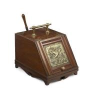 A large&nbsp;Victorian wood brass and copper coal scuttle, with embossed brass bird motif, 42cm high