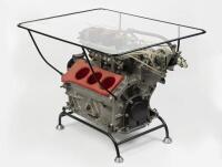 A superbly designed steel framed, glass topped coffee table featuring a gutted Ferrari Dino Motor with faux injection, etched glass top reading 'Ludovico Scarfiotti European Mountain Champion 1965', with prancing horse motifs to corners.&nbsp; - 4