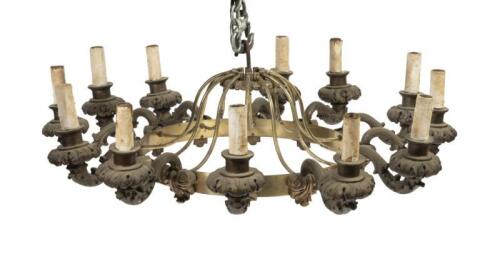 Pair of gilt metal and bronze 12-light chandeliers, each 55cm diameter.