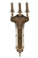 A fine and large&nbsp;neoclassical three light brass wall sconce,with&nbsp;cartouche of a maiden flanked by pegasus, 83cm high, 12.5cm deep