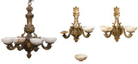 Louis XV style patinated and gilt bronze figural eight light chandelier En suite with pair of wall appliques, late 19th century