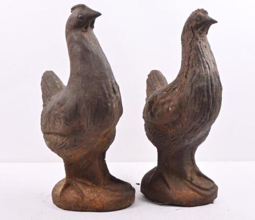 Two French antique style cast metal figures of chickens, 44cm high