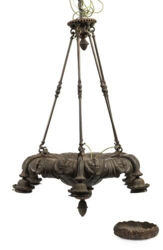 An antique heavy cast bronze 6 light chandelier, approx 82cm wide.