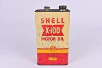 SHELL: A Shell X-100 Motor Oil one gallon can, with some contents.