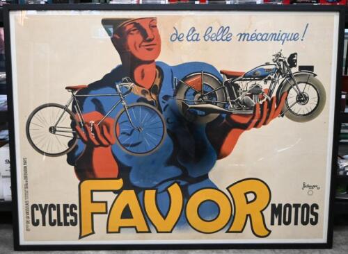 FAVOR: A large original c1937 Favor Motorcycles 'De La Belle Mecanique!' advertisment poster after Pierre Bellenger. Framed and perspex glazed. 169cm wide, 126cm high overall.