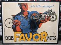 FAVOR: A large original c1937 Favor Motorcycles 'De La Belle Mecanique!' advertisment poster after Pierre Bellenger. Framed and perspex glazed. 169cm wide, 126cm high overall.&nbsp;