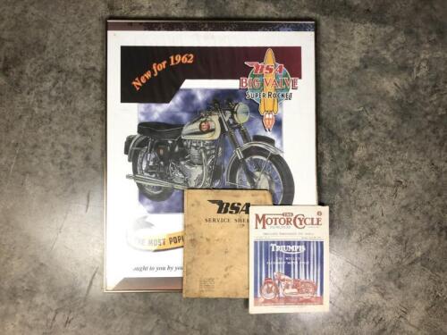 BSA: Two BSA items. Service sheets and poster. Copy of journal 'The Motor Cycle'
