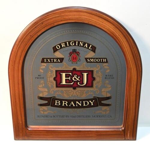 An "E & J Brandy" older style glass bar mirror, Modesto, CA, 45cm high, 43cm wide, framed ready to hang