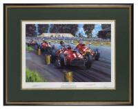 FERRARI: A limited edition print [135/500] by Nicholas Watts titled "FERRARI - THE FIRST GRAND PRIX VICTORY" featuring the battle between Jose Froilan Gonzalez and Juan Manuel Fangio, signed by Jose Froilan Gonzalez and Gigi Villoresi