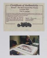 FERRARI: A limited edition print [135/500] by Nicholas Watts titled "FERRARI - THE FIRST GRAND PRIX VICTORY" featuring the battle between Jose Froilan Gonzalez and Juan Manuel Fangio, signed by Jose Froilan Gonzalez and Gigi Villoresi - 4