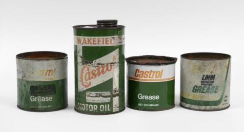 OIL TINS: Four various oil and grease tins, some approximately 16cm high, 9.5cm wide.