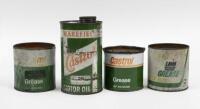 OIL TINS: Four various oil and grease tins, some approximately 16cm high, 9.5cm wide.&nbsp;