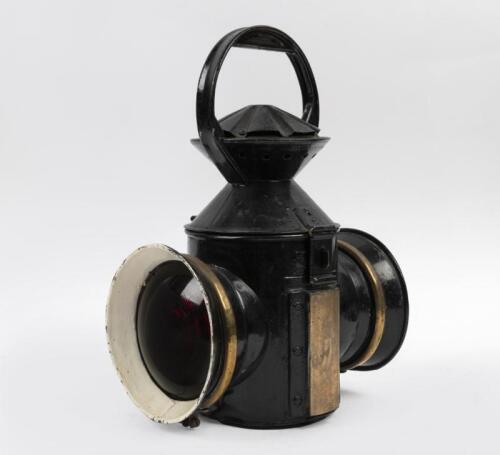 RAILWAY LAMP: An early large railway gate signal lamp, with red lenses to either side. Approx 35cm tall.